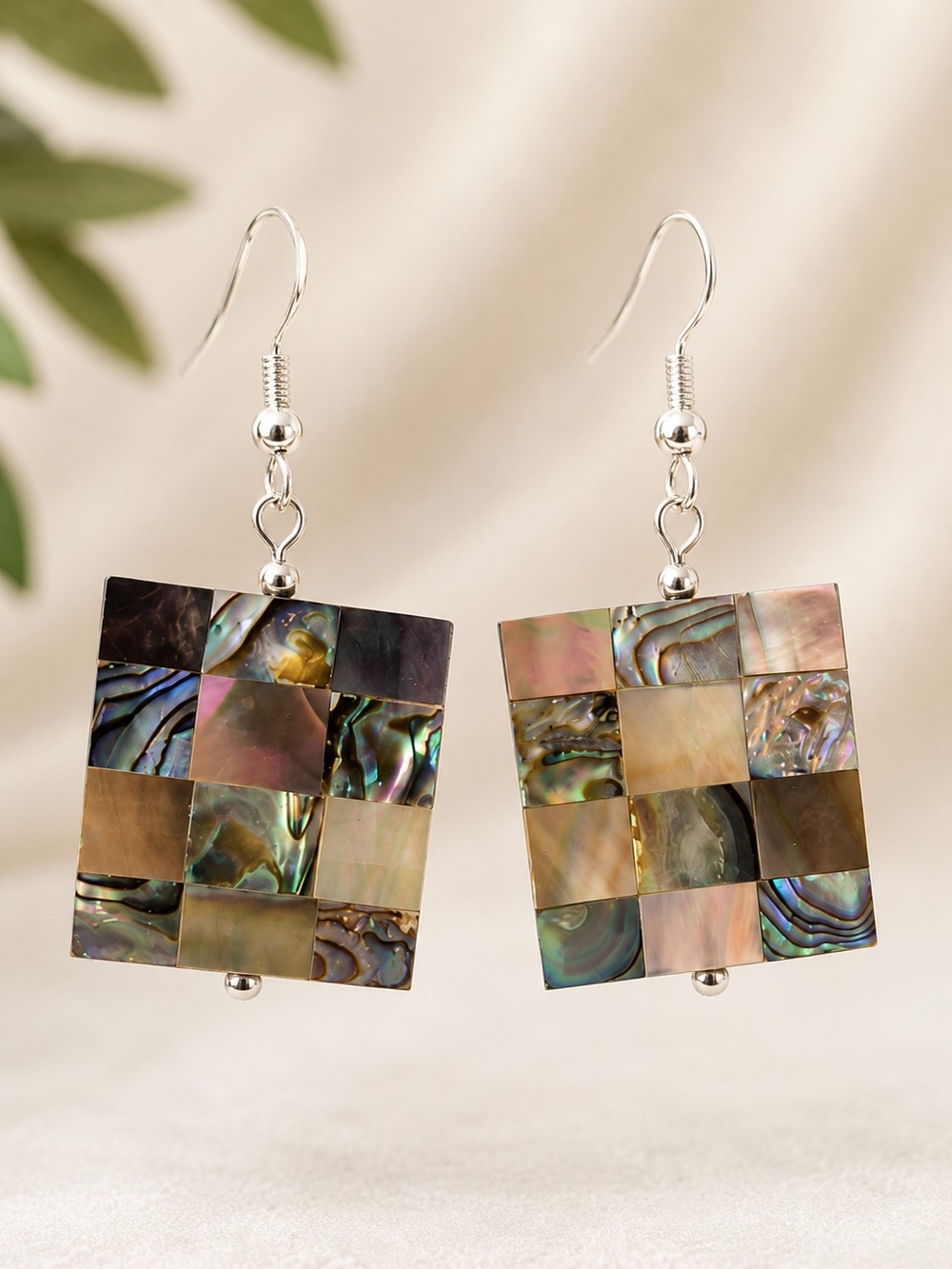 Sterling Silver Abalone Mosaic Drop Earrings - Iridescent Multi